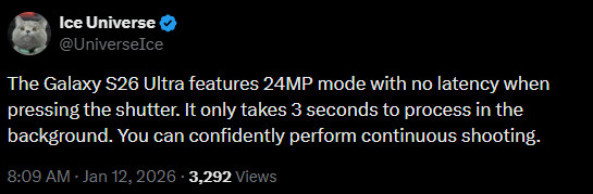 Samsung Galaxy S26 modo 24 MP Ice Universe 1