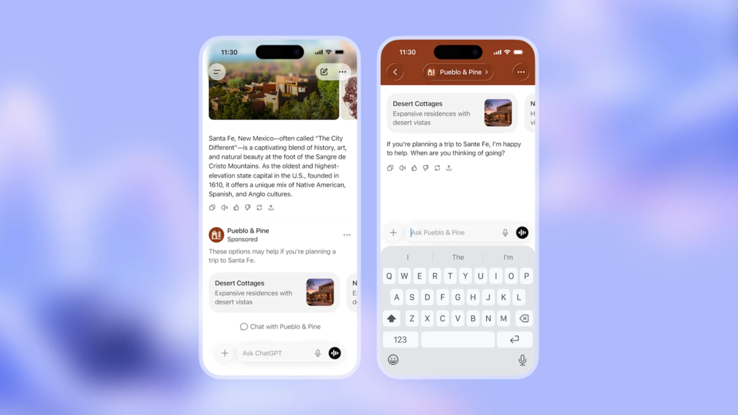 Duas capturas de tela em uma conversa no ChatGPT mostram an&uacute;ncios sendo exibidos no chat