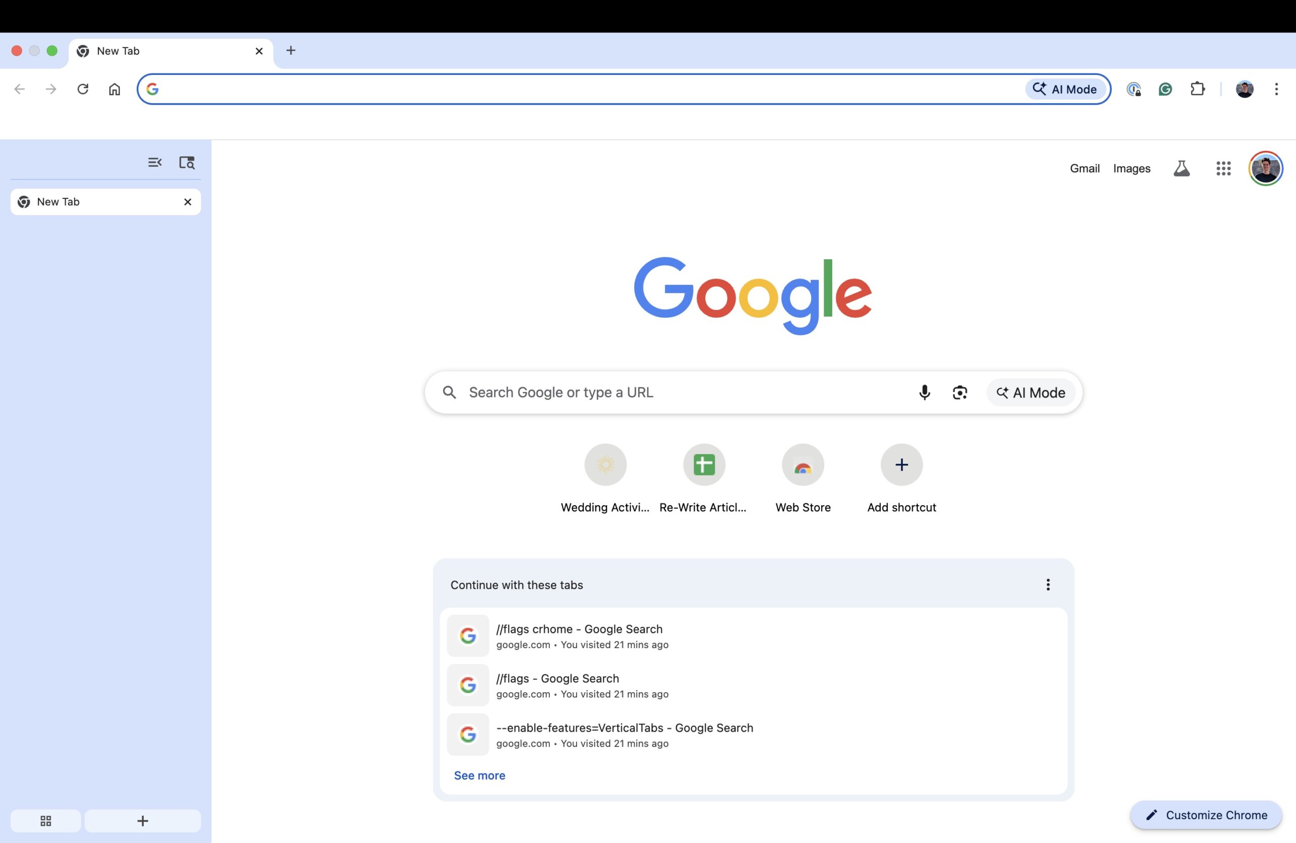 Mudando para guias verticais no Google Chrome.
