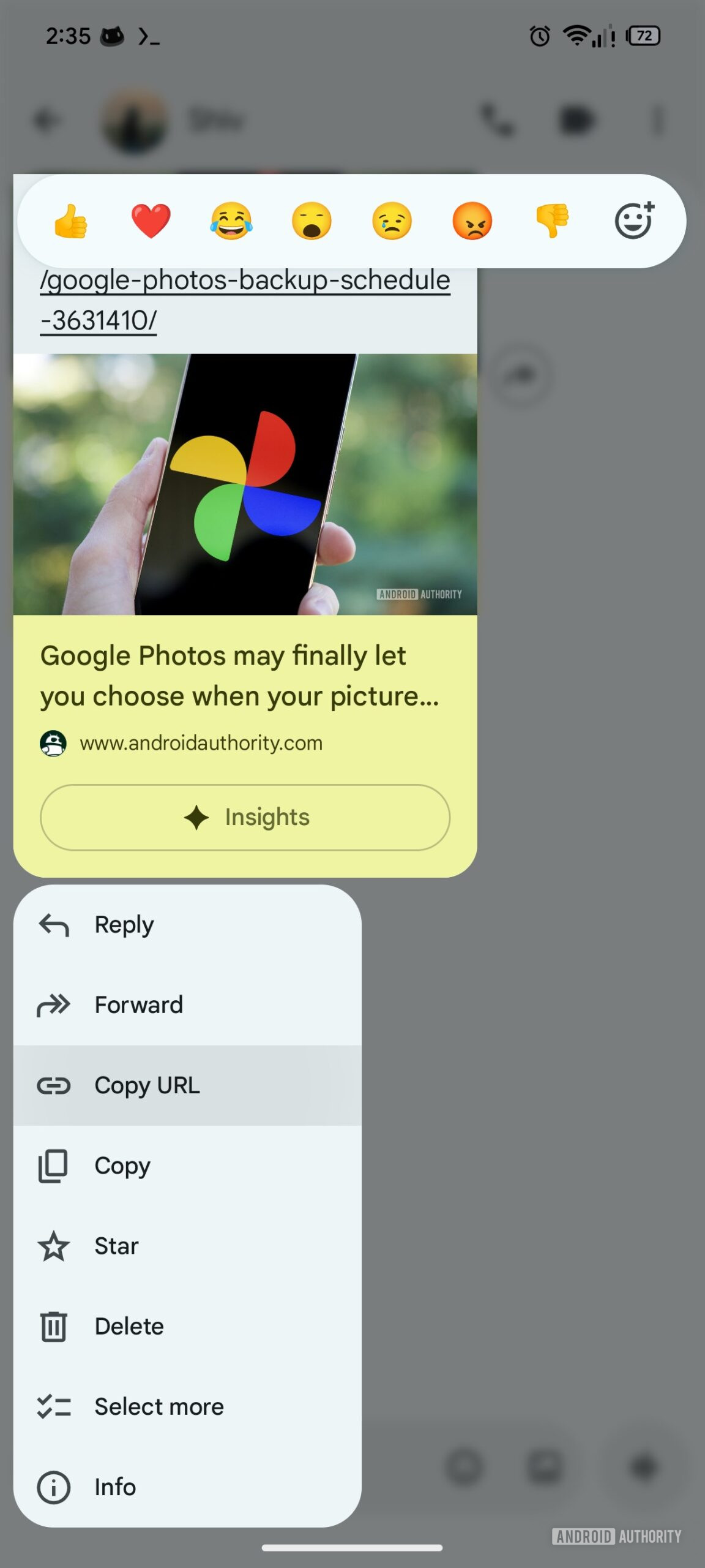 URL de c&oacute;pia do link de mensagens do Google