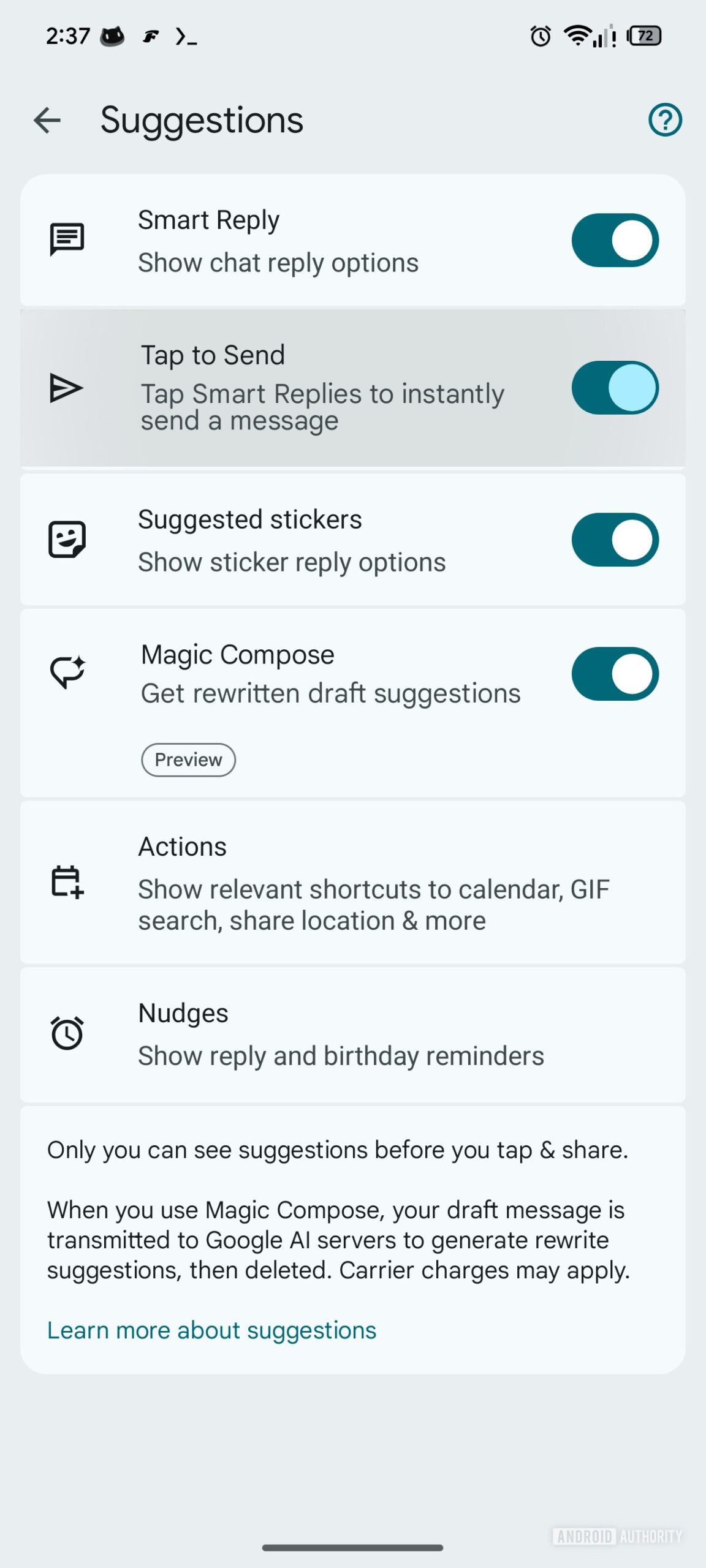 Respostas inteligentes do Mensagens do Google, toque para enviar