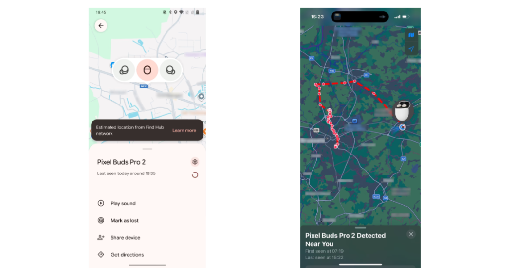 Duas capturas de tela mostrando o rastreamento de um fone Bluetooth. &Agrave; esquerda, o Localizador, do Google, e o Buscar, do iOS, &agrave; direita. 