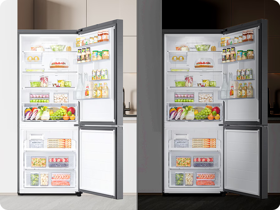 Duas imagens lado a lado para efeito de comparação da iluminação da geladeira Samsung RB50.