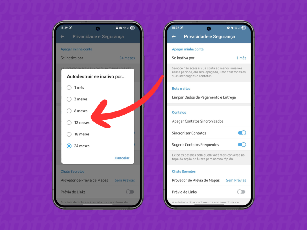 Definindo o tempo para a autodestrui&ccedil;&atilde;o da conta do Telegram