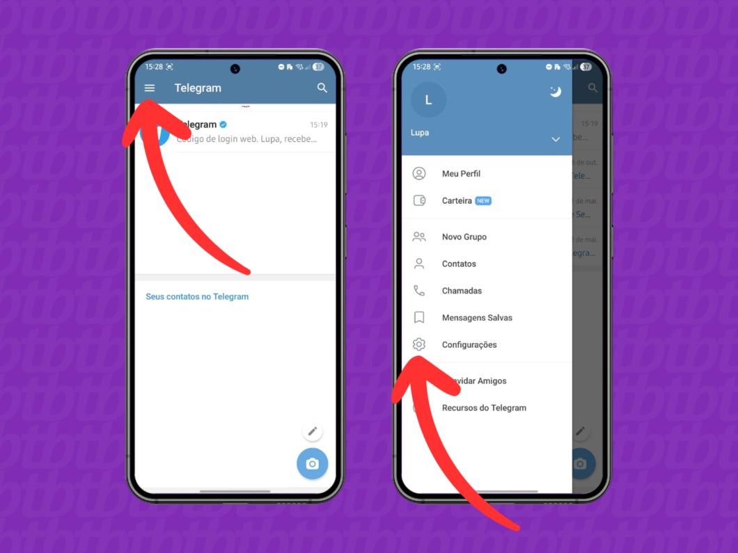 Acessando as configura&ccedil;&otilde;es do Telegram no Android