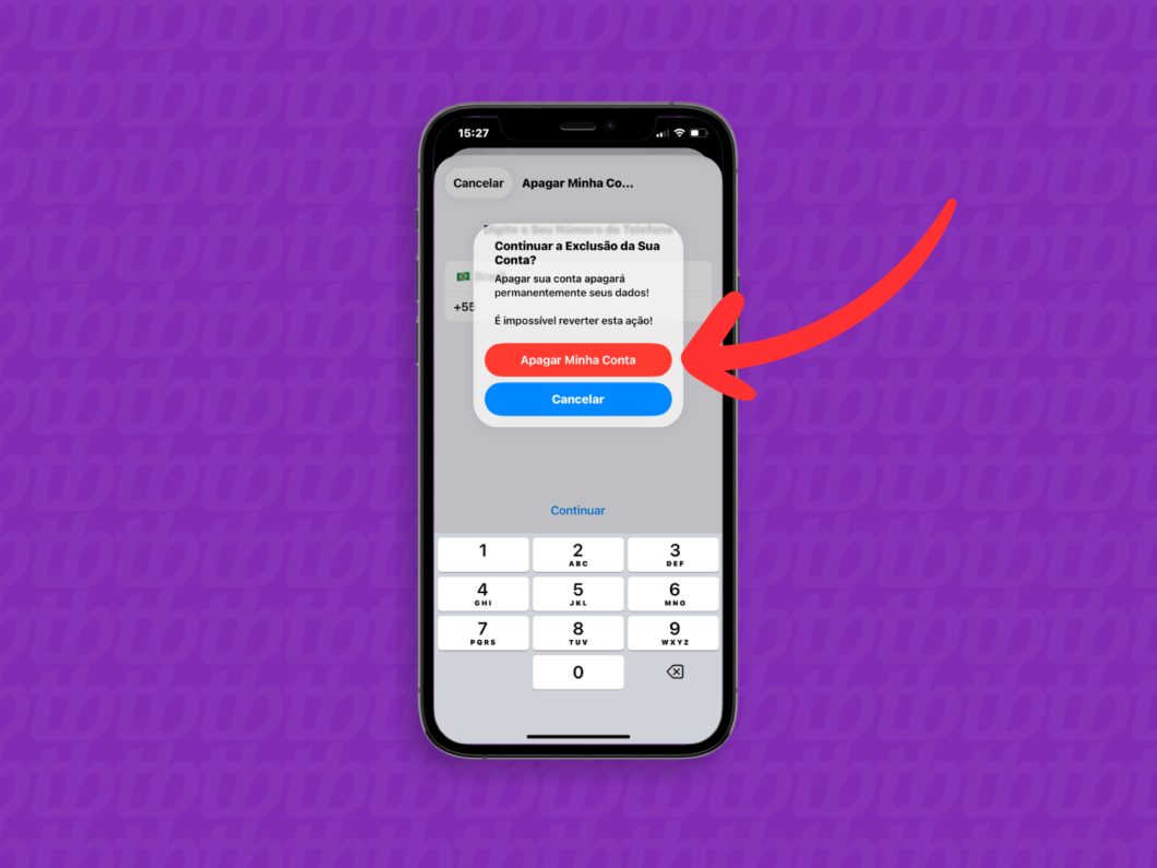 Confirmando a exclus&atilde;o da conta do Telegram
