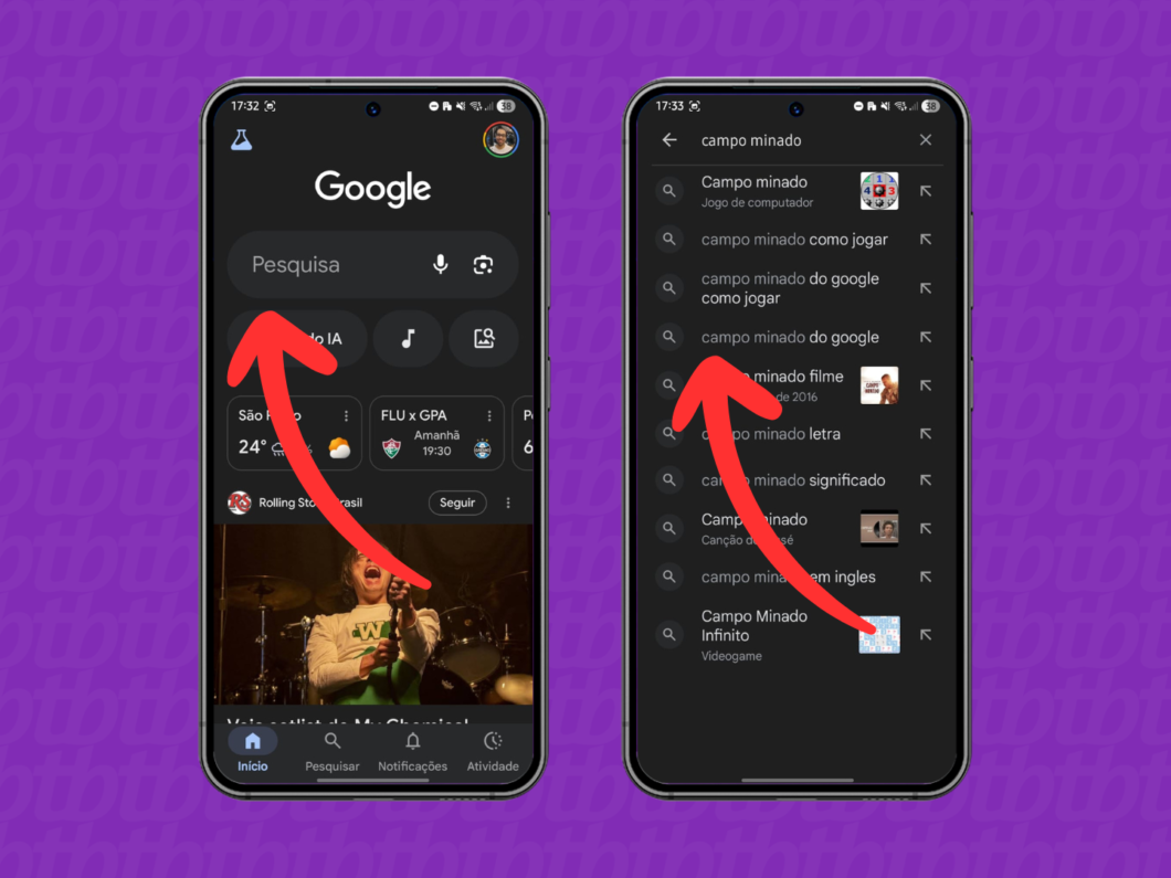 Pesquisando sobre "Campo Minado" no Google