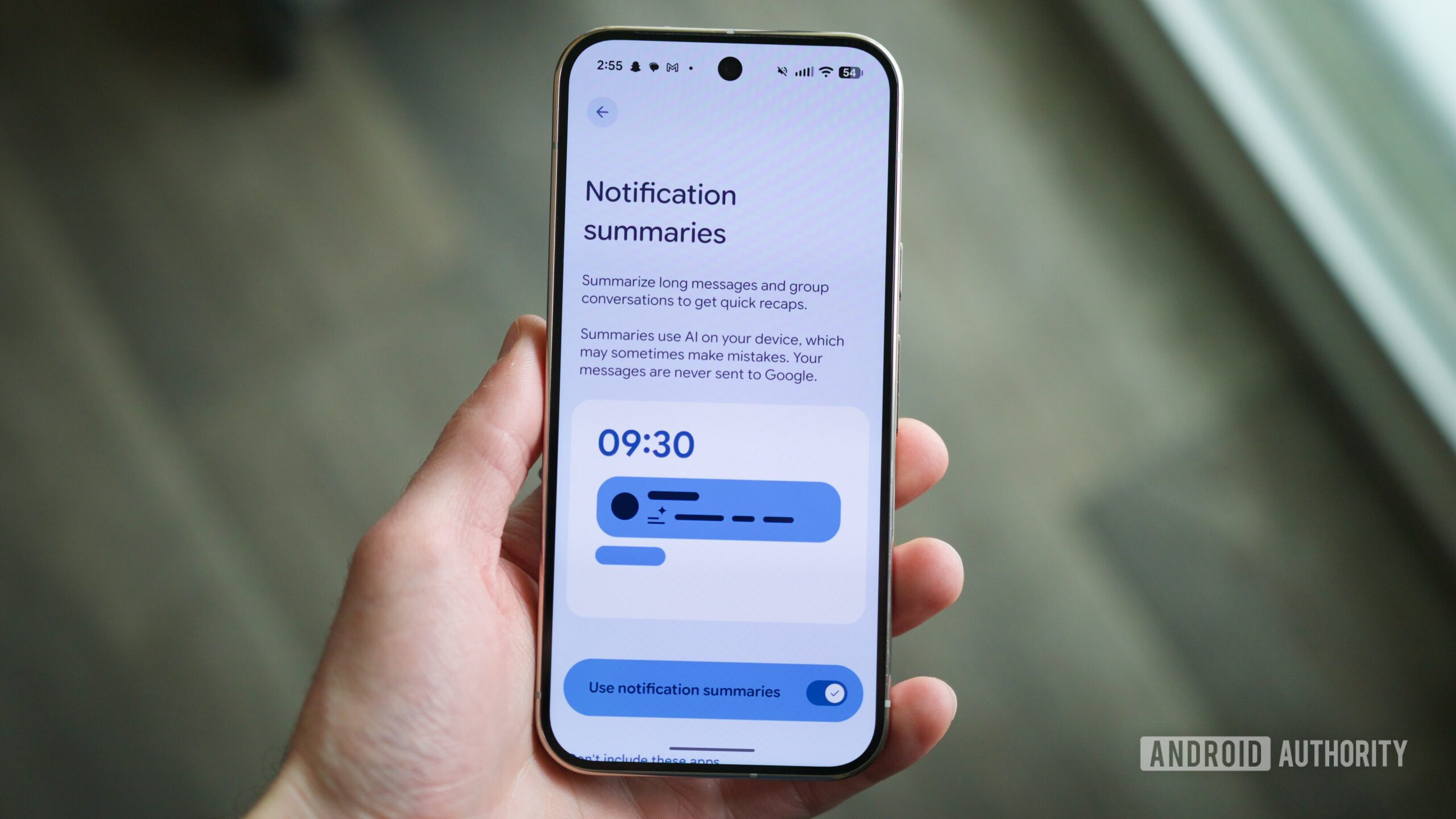 resumos de notificação de pixel ai herói 3 Página de configurações para resumos de notificação de IA em um smartphone Pixel.