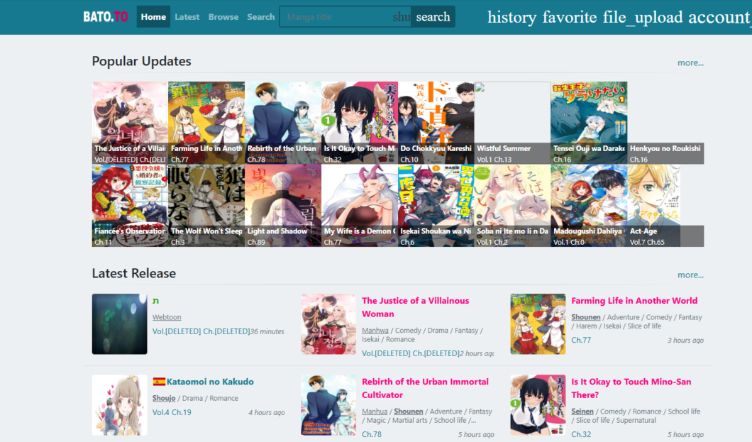 Captura de tela do site bato.to mostra v&aacute;rias capas de mang&aacute;s japoneses 