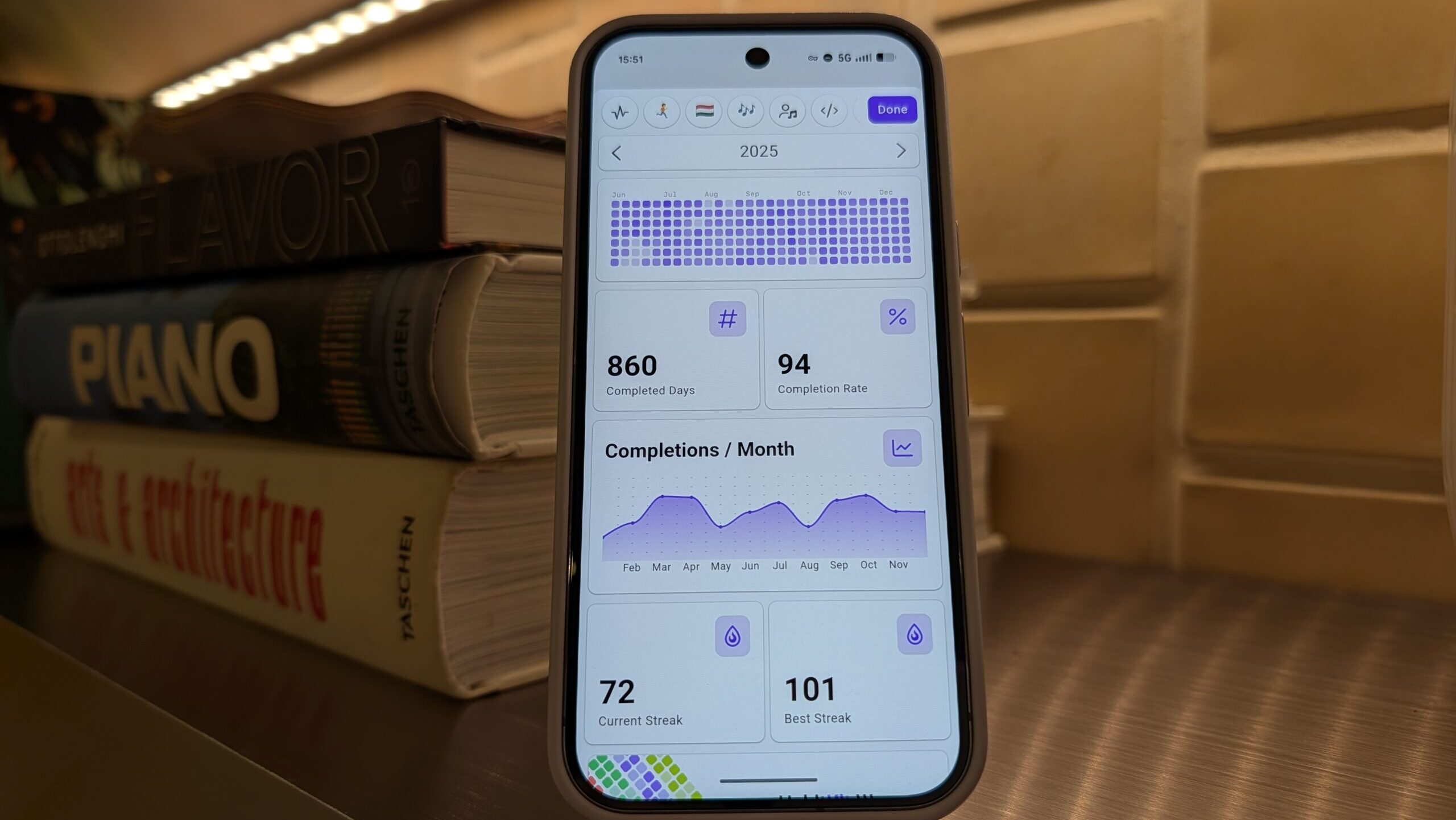 Google Pixel 10 mostrando visualização de análise de progresso de rastreamento de hábitos do aplicativo HabitKit Google Pixel 10 mostrando visualização de análise de progresso de rastreamento de hábitos do aplicativo HabitKit