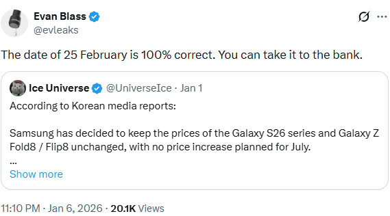Data de lançamento do Samsung Galaxy S26 Evan Blass Twitter Data de lançamento do Samsung Galaxy S26 Evan Blass Twitter