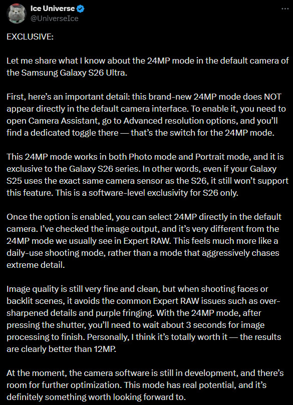 Samsung Galaxy S26 modo 24 MP Universo de Gelo