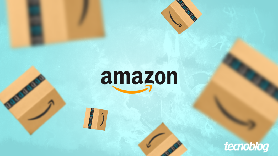 Ilustração com logo da Amazon cercado por caixas de papelão