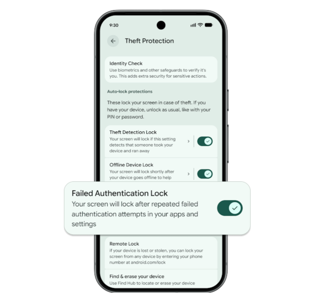 Smartphone exibe a tela de configurações "Theft Protection". No topo, a seção "Identity Check" menciona o uso de biometria. Abaixo, em "Auto-lock protections", destacam-se três chaves de ativação ligadas: "Theft Detection Lock", "Offline Device Lock" e, em um balão sobreposto em primeiro plano, "Failed Authentication Lock", com o texto: "Your screen will lock after repeated failed authentication attempts in your apps and settings". Na base, aparecem as opções "Remote Lock" e "Find & erase your device".