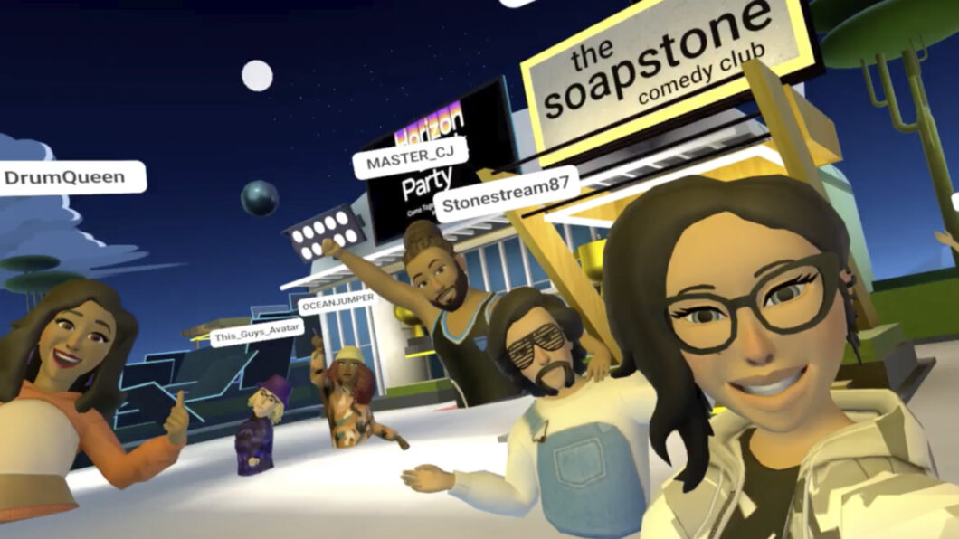 Ambiente virtual com avatares de pessoas, nomes de usu&aacute;rio e locais como um clube de com&eacute;dia e um espa&ccedil;o para festas