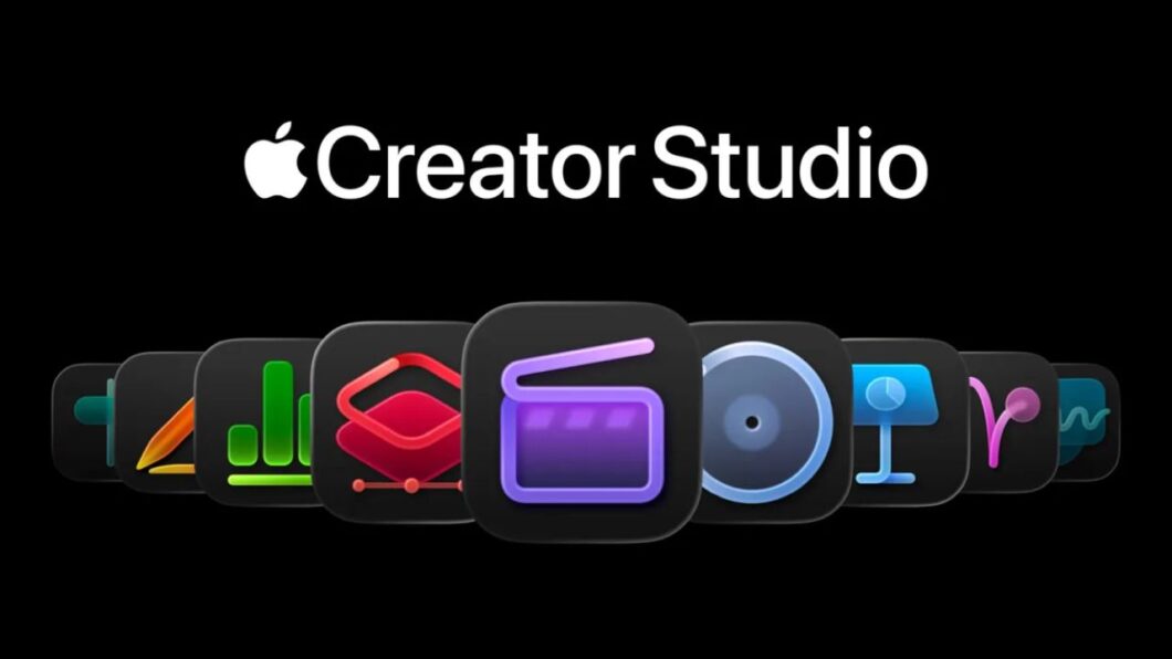 Imagem de divulga&ccedil;&atilde;o mostra alguns &iacute;cones de apps da Apple em um fundo preto. Na parte superior, est&aacute; escrito "Creator Studio", ao logo do logo da Apple, uma ma&ccedil;&atilde; mordida