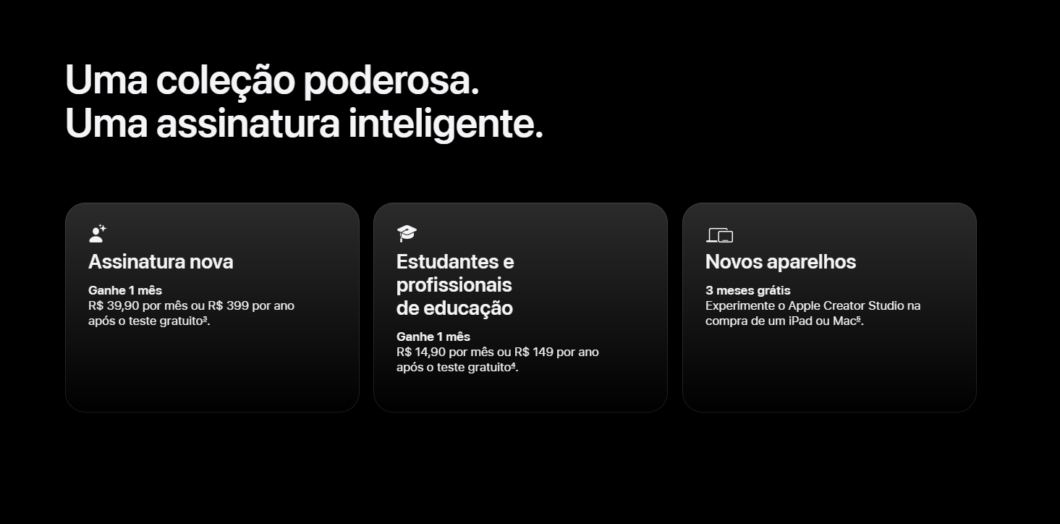 Captura de tela do site da Apple mostra os valores da mensalidade do Apple Creator Studio no Brasil