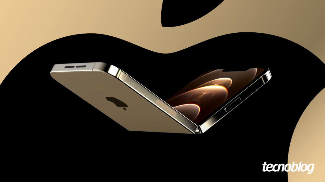 Ilustra&ccedil;&atilde;o mostra o conceito de um iPhone dobrando ao meio. Na parte inferior direita, o logotipo do "tecnoblog" &eacute; vis&iacute;vel.