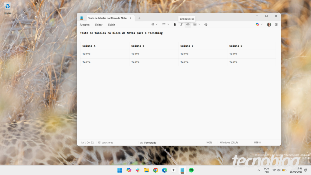 Tabela no Bloco de Notas do Windows 11