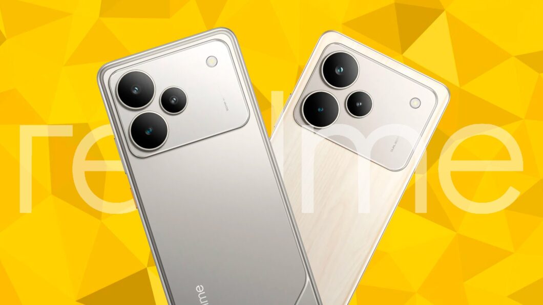 Imagem mostra dois smartphones da Realme lado a lado, formando um X, em um fundo de cor amarela