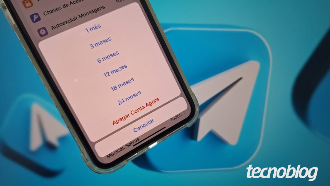 Imagem mostra celular exibindo a tela de exclus&atilde;o da conta do Telegram