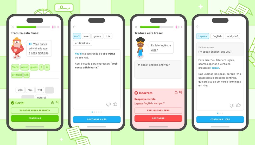 Imagem mostra capturas de tela do app do Duolingo, com o recurso Explique minha resposta em a&ccedil;&atilde;o 