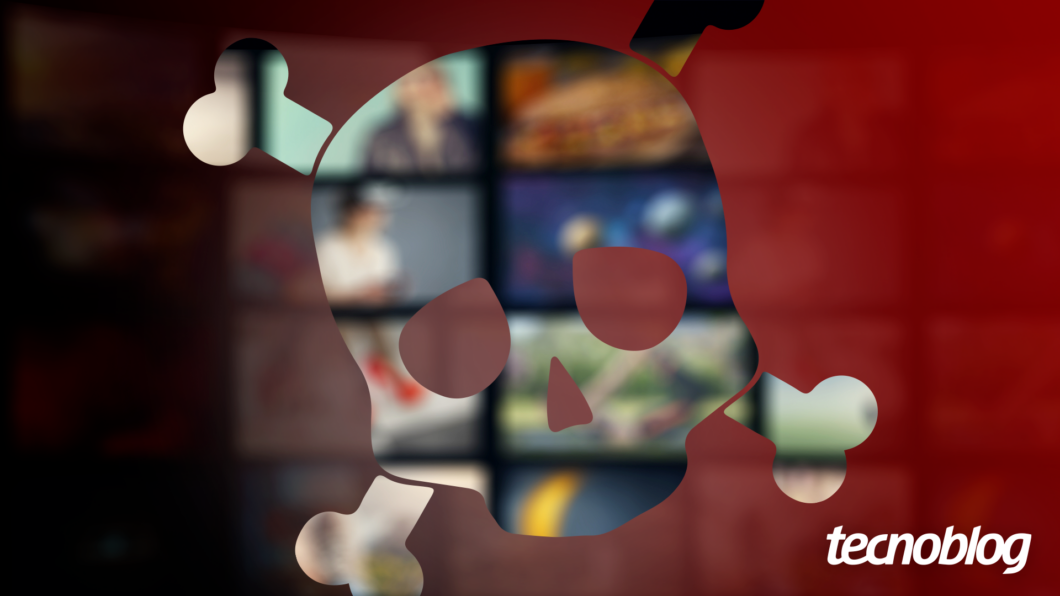 Ilustra&ccedil;&atilde;o com um s&iacute;mbolo de caveira vazado, revelando TVs sintonizadas em canais variados