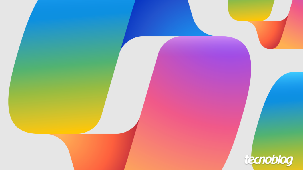 Ilustra&ccedil;&atilde;o mostra a marca estilizada do Microsoft Copilot. Na parte inferior direita, o logotipo do "tecnoblog" &eacute; vis&iacute;vel