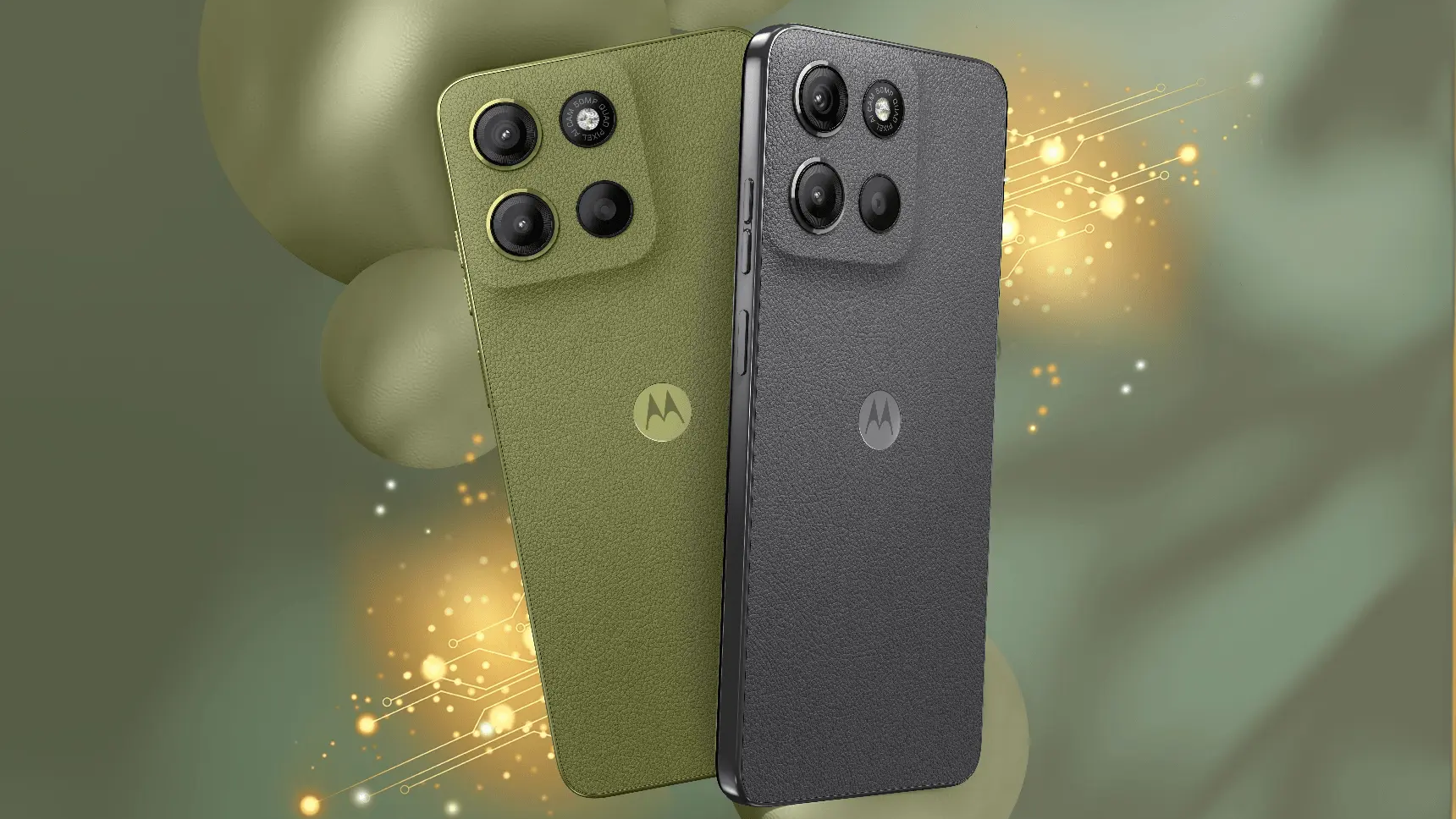 Dois smartphones Moto G15 vistos pela traseira, nas cores verde e grafite