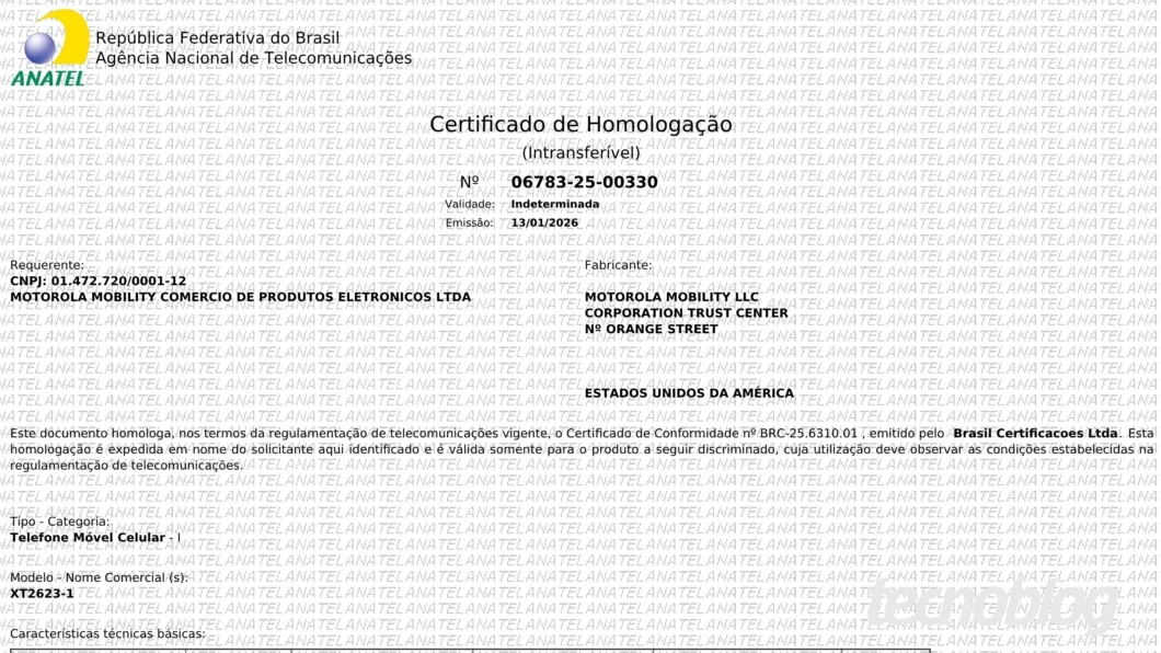 Certificado de homologa&ccedil;&atilde;o do Moto G17