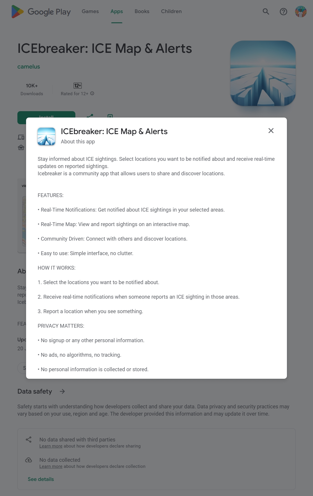 Mapa e alertas do ICEbreaker ICE da Google Play Store