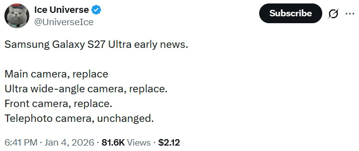 Leaker Ice Universe nas especifica&ccedil;&otilde;es da c&acirc;mera Galaxy S27 Ultra