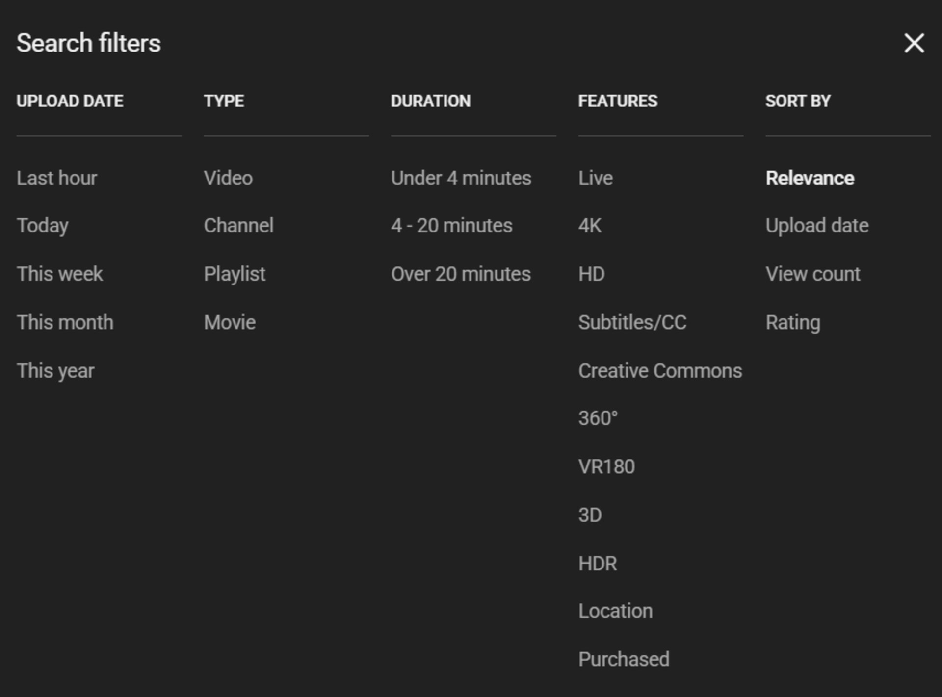 Menu de filtro antigo do YouTube