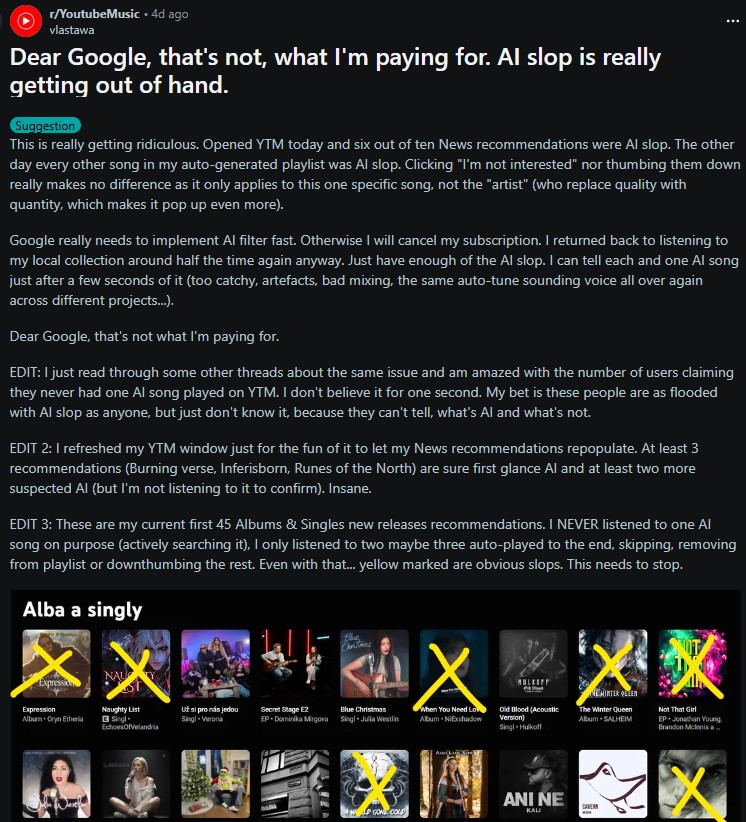 Um usu&aacute;rio do YouTube Music reclama no Reddit sobre a invas&atilde;o de IA em suas recomenda&ccedil;&otilde;es
