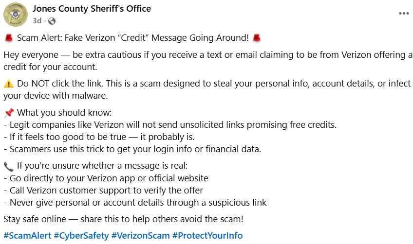 Gabinete do Xerife do Condado de Jones da Ge&oacute;rgia alertando sobre fraude de cr&eacute;dito da Verizon