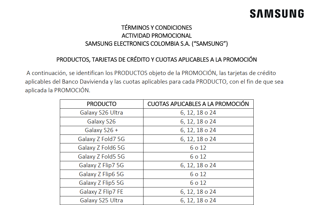 Imagem mostra uma tabela oficial da Samsung listando produtos Galaxy S26 Ultra, Galaxy S26, Galaxy S26+, Galaxy Z Fold7 5G e outros modelos com suas respectivas op&ccedil;&otilde;es de parcelamento em 6, 12, 18 ou 24 vezes