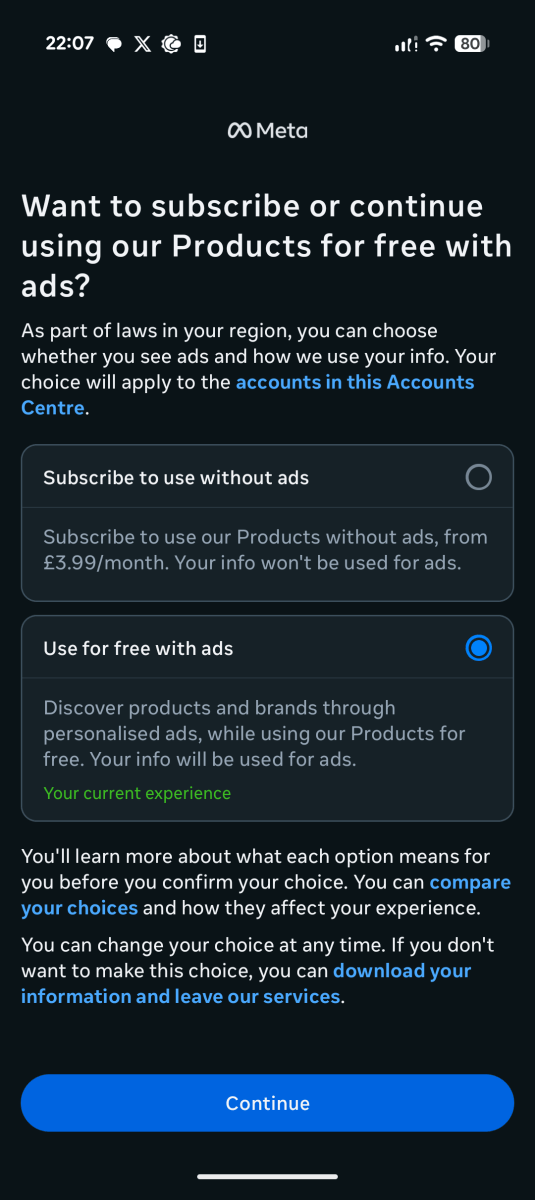 Meta ad-free subscription choice