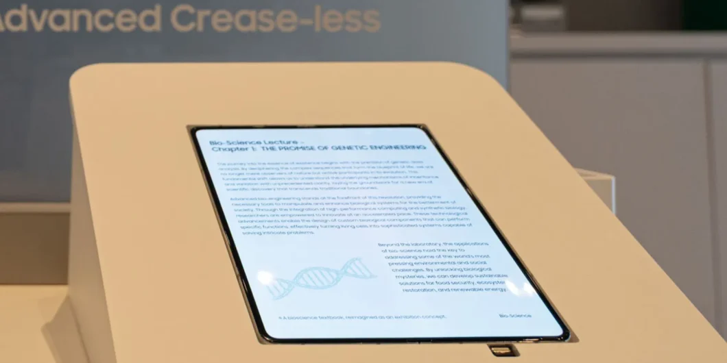 Captura em close-up de um prot&oacute;tipo de dispositivo com a nova tecnologia da Samsung. O aparelho dobr&aacute;vel, encaixado em um painel branco, n&atilde;o apresenta marca de dobradi&ccedil;a.