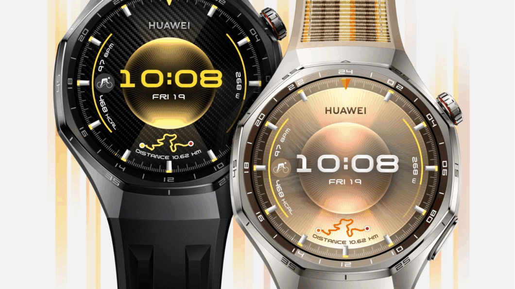 Imagem mostra dois rel&oacute;gios Huawei Watch GT 6 Pro nas cores preto e marrom indicando a hora de 10:08