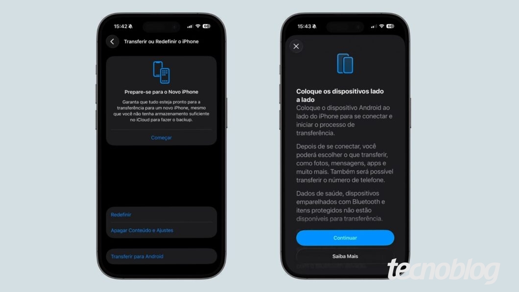 Captura de tela do processo de transfer&ecirc;ncia de dados do iOS para o Android em um iPhone