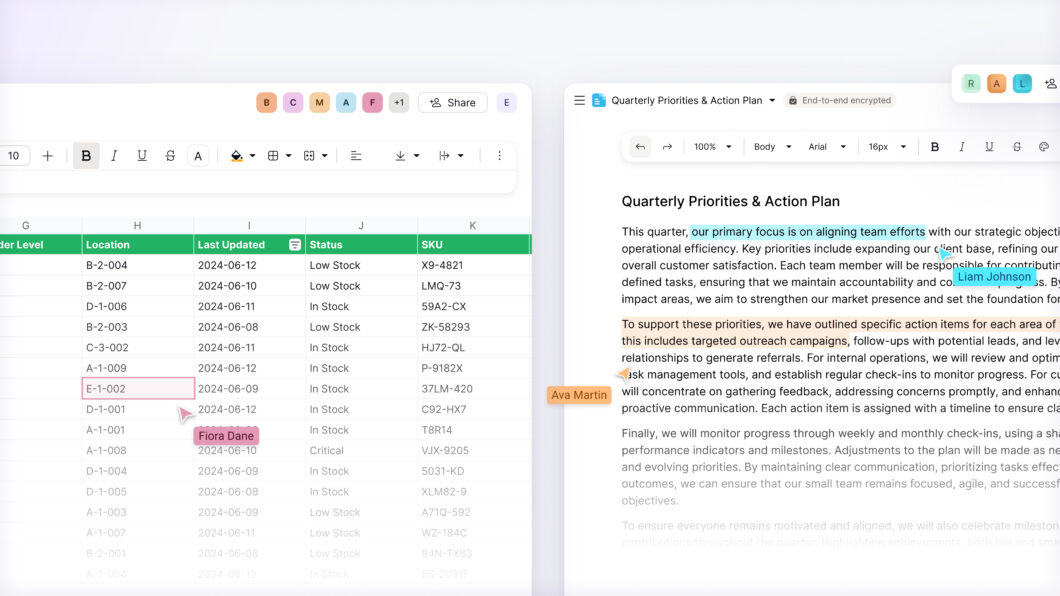 Captura de tela de uma interface de produtividade com duas janelas lado a lado. A janela da esquerda apresenta uma planilha estruturada com cabeçalhos em verde e diversas linhas preenchidas com dados alfanuméricos e datas. Há um cursor rosa selecionando uma célula específica. A janela da direita exibe um editor de texto com barras de ferramentas no topo, contendo opções de formatação, fontes e zoom. O documento possui parágrafos de texto com marcações coloridas de edição em tempo real e cursores flutuantes que indicam a presença de múltiplos editores simultâneos.