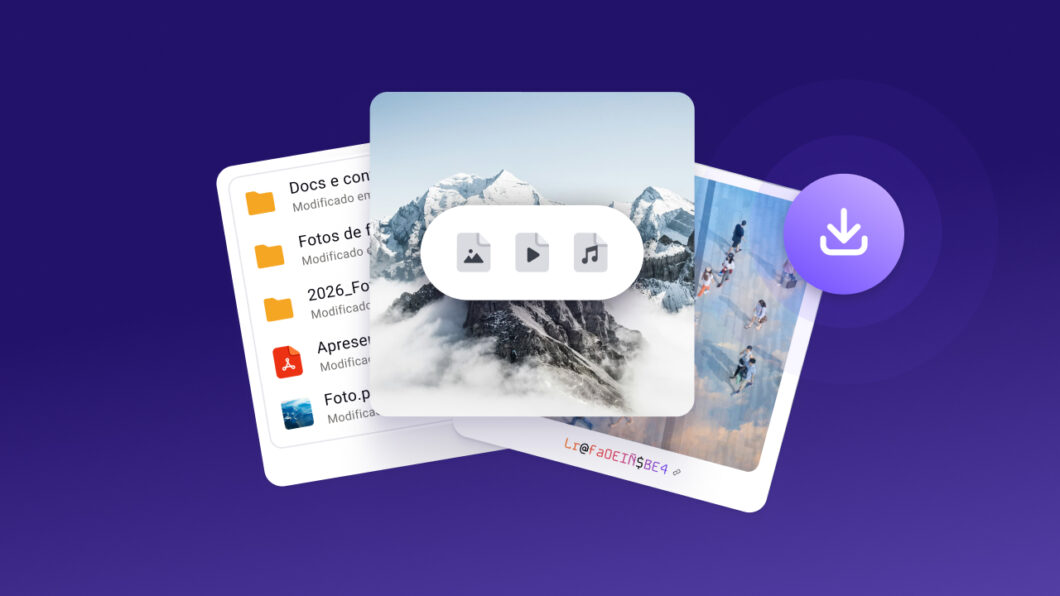 Ilustração digital de elementos de interface sobrepostos em um fundo roxo. À esquerda, uma janela branca lista arquivos com ícones de pastas laranjas e ícones de formatos específicos. No centro, uma imagem quadrada de uma paisagem natural sustenta um pequeno menu suspenso branco com três ícones de mídia. À direita, uma fotografia vertical está levemente inclinada. Sobrepondo as camadas à direita, há um botão circular roxo com uma seta branca apontada para baixo, indicando a função de download, cercado por anéis concêntricos que sugerem propagação ou foco.