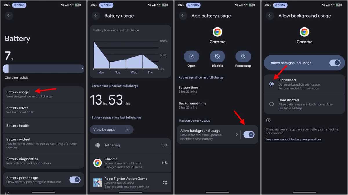 Unrestricted battery usage (background activity) screenshots