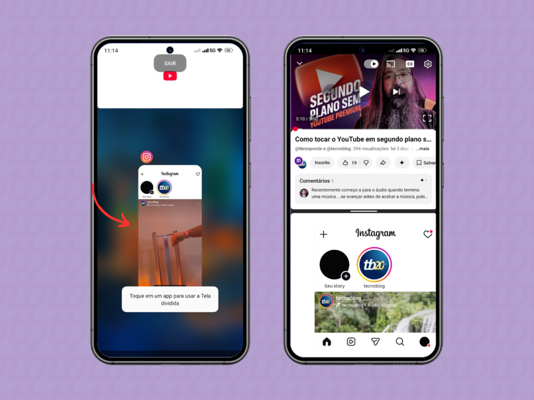 Selecionando o app para uso simultâneo com o YouTube