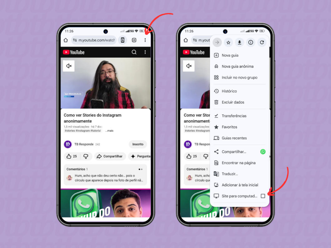 Habilitando a versão para computador do navegador