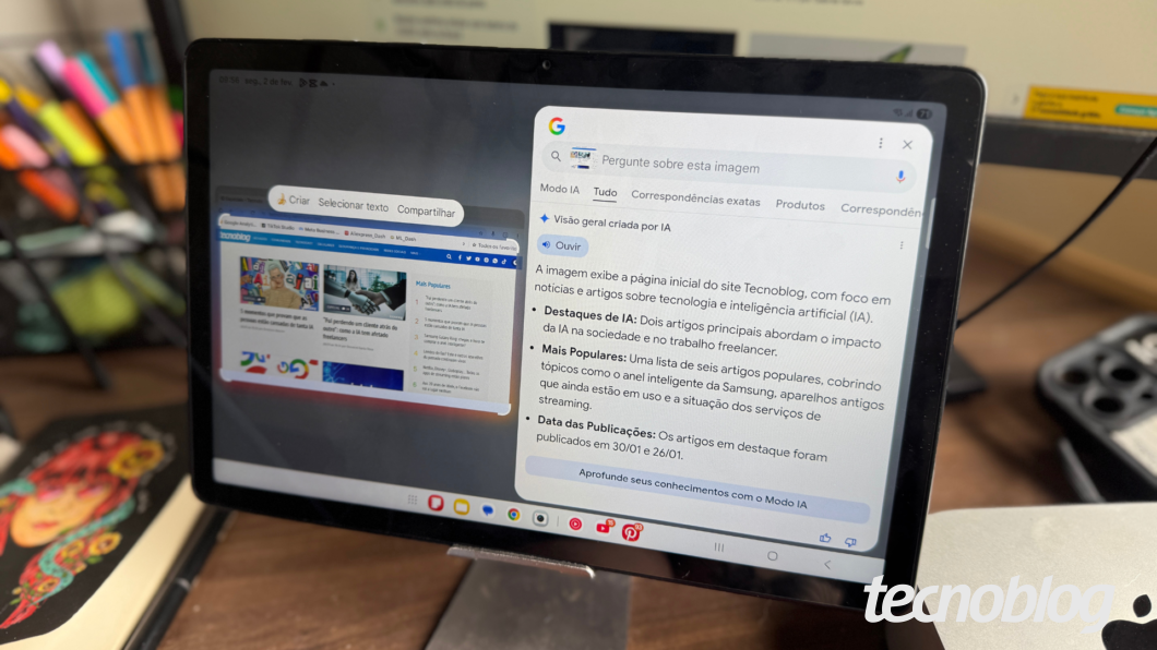 Foto mostra Modo DeX do Galaxy Tab A11 Plus e recurso Circle to Search do Google na tela