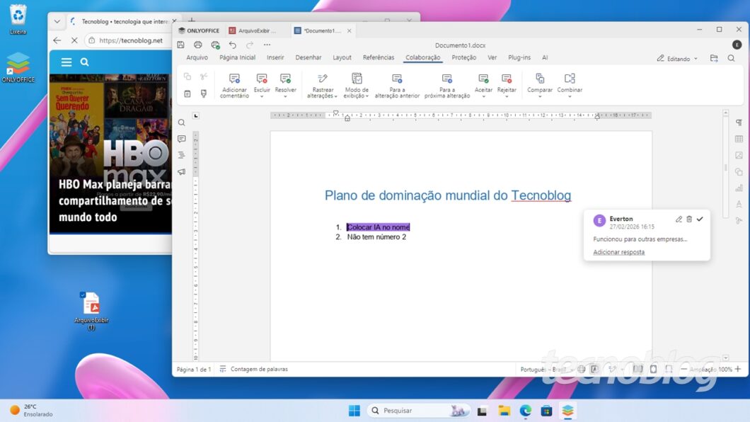 Coment&aacute;rios no editor de texto do OnlyOffice 9.3