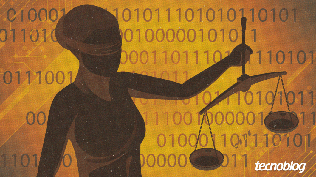 ilustração sobre LGPD mostra a estátua da Justiça segurando uma balança. Na parte inferior direita, o logotipo do "tecnoblog" é visível.