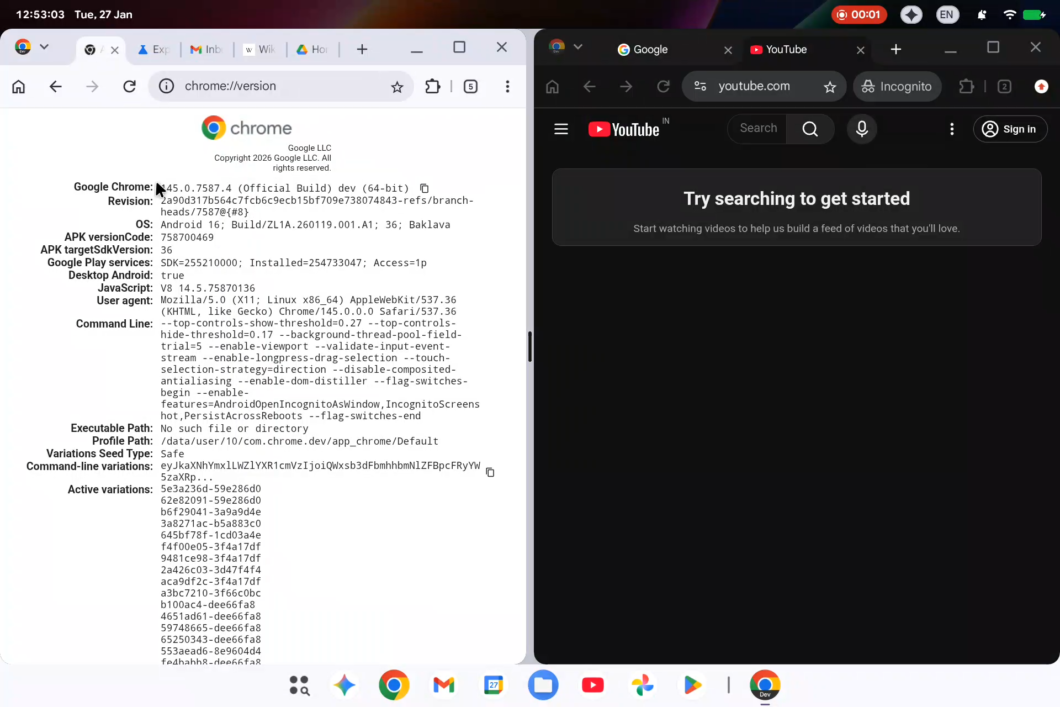 Captura de tela da interface de um sistema operacional para desktop. A &aacute;rea de trabalho exibe duas janelas de navegador abertas lado a lado, preenchendo quase toda a tela. Na parte superior, h&aacute; uma barra de status preta com o rel&oacute;gio &agrave; esquerda e &iacute;cones de conectividade &agrave; direita. Na base, uma barra de tarefas flutuante e centralizada organiza dez &iacute;cones de aplicativos circulares e coloridos.
