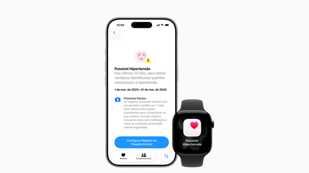 Apple Watch e um iPhone utilizando o app Sa&uacute;de para configurar as notifica&ccedil;&otilde;es de hipertens&atilde;o